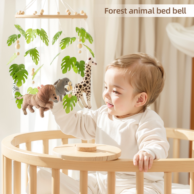 เปลเด็ก Mobile Rattle ของเล่นสําหรับ 0-12 เดือนการ์ตูน Felt สัตว์ป่า Bed Bell แขวนวงเล็บไม้มือถือ newbaby Rattle ของเล่น