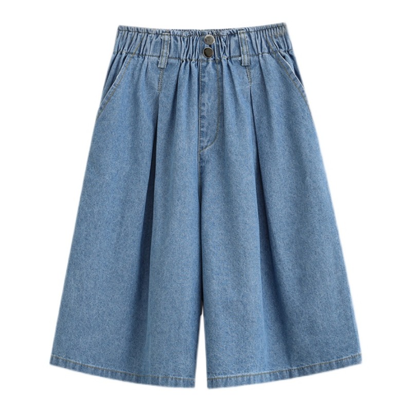 orts de Denim A-Line Plus Size para Mulheres Moda de Verão Cintura Alta Perna Reta Perna Larga Calças Midi