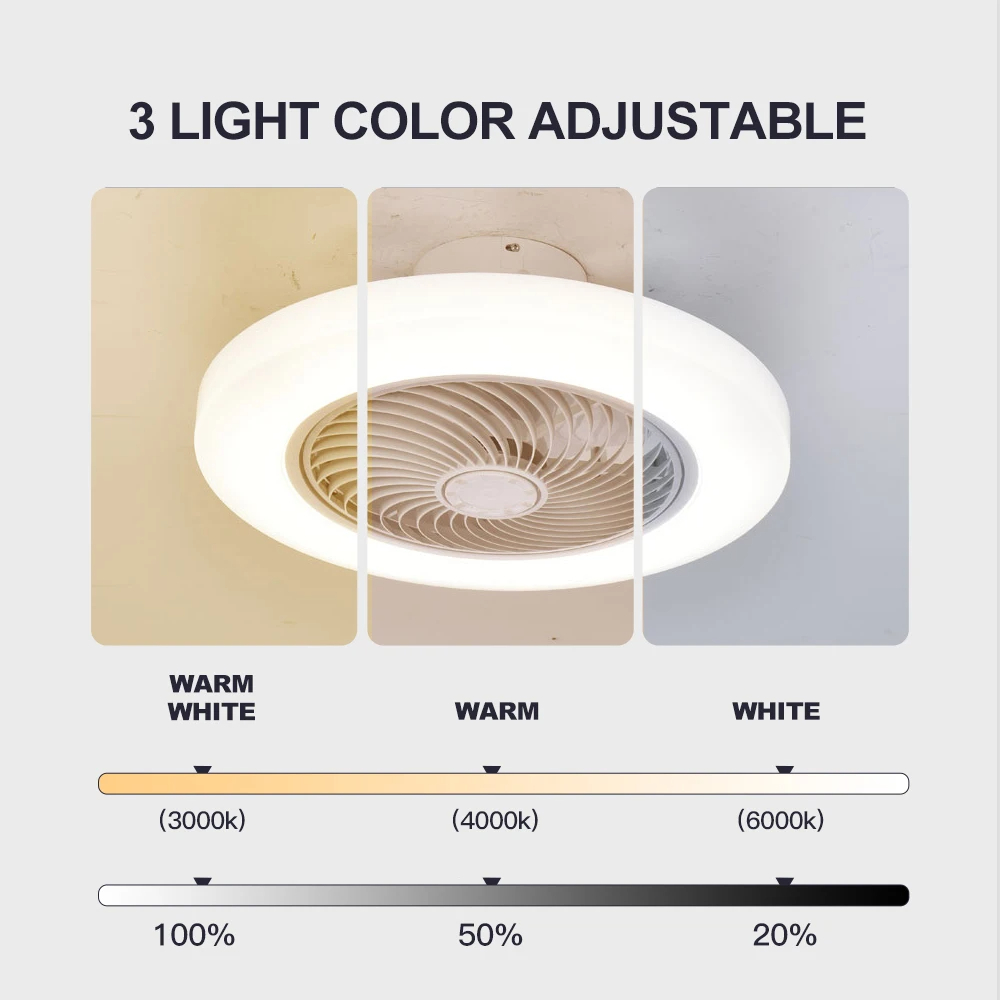 Ventilatori da soffitto intelligenti con luci Telecomando Decorazioni per la camera da letto Lampada da ventilatore Lame invisibili dell'aria da 52 cm Silenzioso