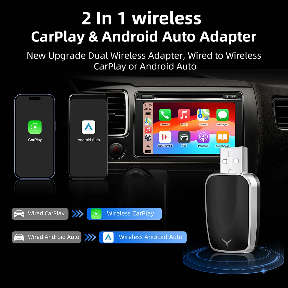 Adapter 2w1 Bezprzewodowy CarPlay i Bezprzewodowy Android Auto AI Smart Box Inteligentne Systemy Samochodowe Do Samochodów Z Przewodowym CarPlay