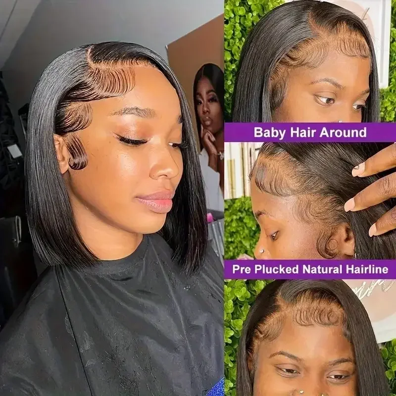 Bob peruca de cabelo humano peruca dianteira do laço cabelo humano 100% transparente 13x6 13x4 osso em linha reta laço frontal bob perucas 14 Polegada preto natural