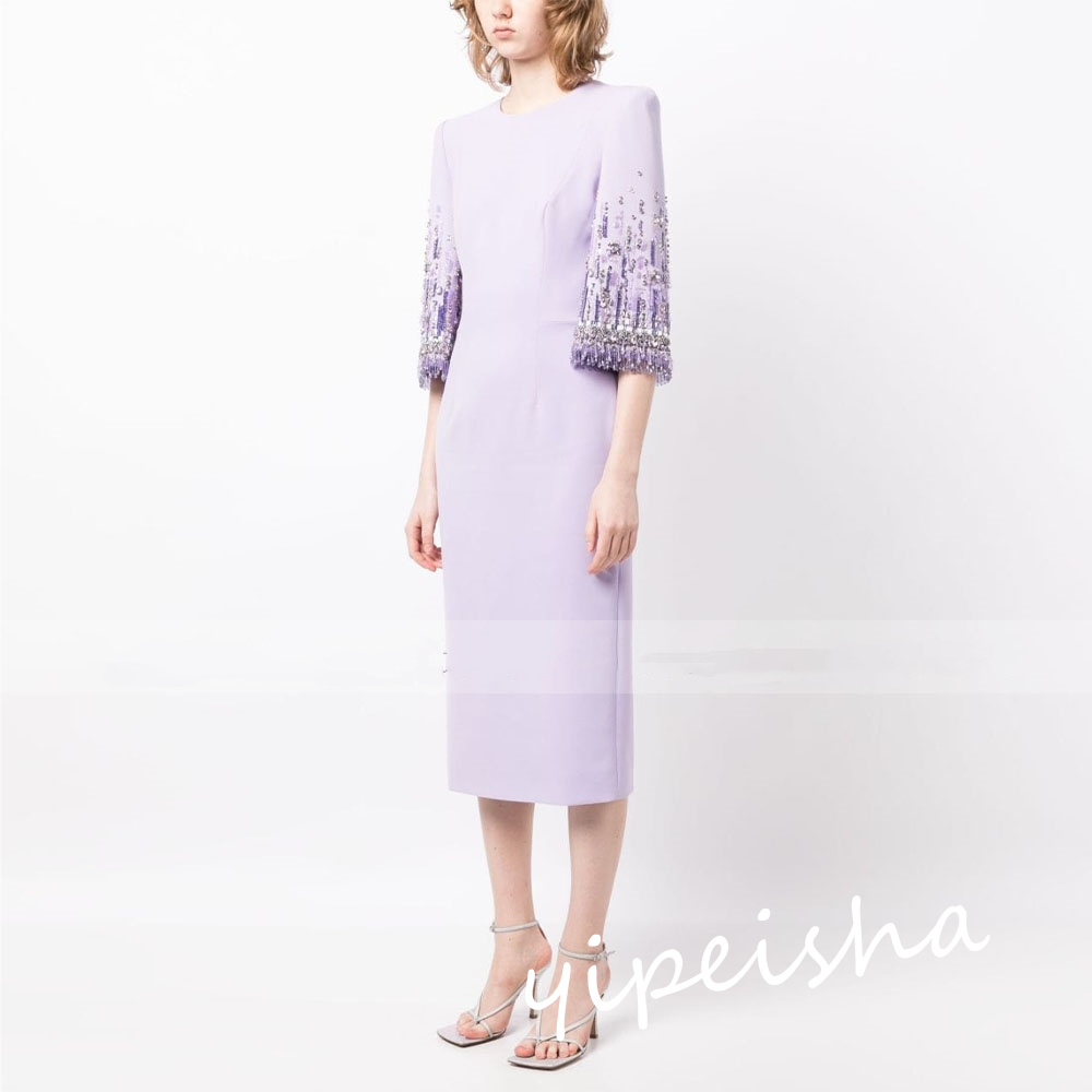 Cetim Beading Evening A-Line O-Neck Dress, Ocasião Bespoke, Comprimento do tornozelo