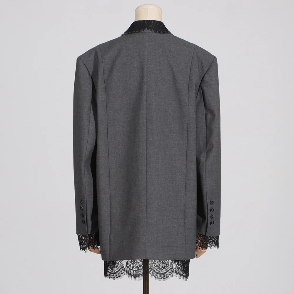 VGH Chic Solid Spliced Lace Edge Blazers voor dames Gekerfde kraag Lange mouw Temperament Designer Jassen Vrouwelijke kledingstijl