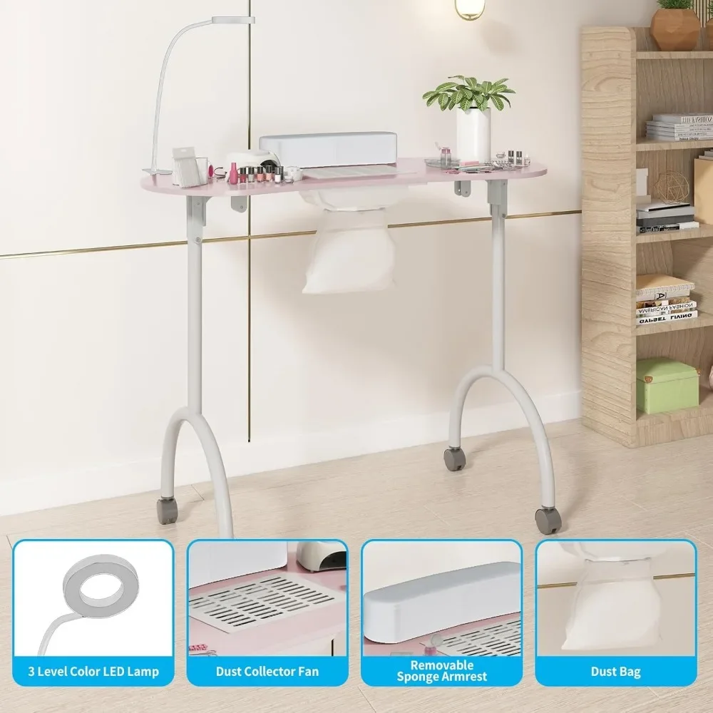Portable Manicure Nail Table, Foldable Manicure Table with Dust Collector Fan, LED Lamp, 4 Lockable Wheels and Carry Bag