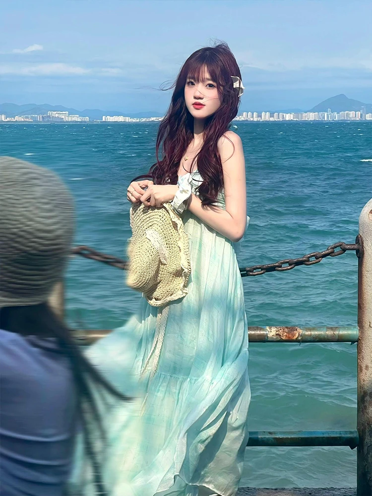 夏の妖精ロングドレスネックハンギングストラップレディースドレス写真撮影センセーション休暇ビーチ高級感Aラインスカート