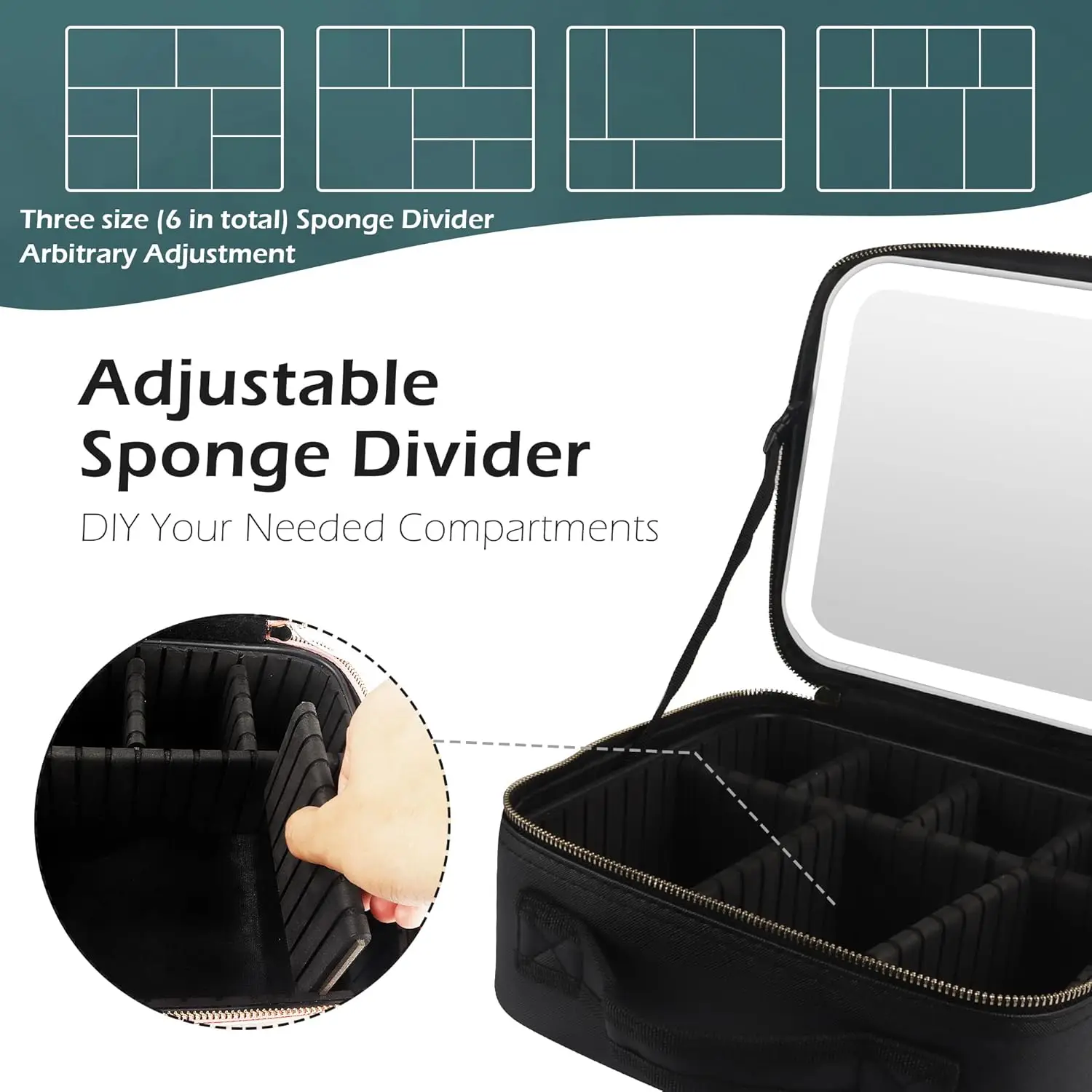 แต่งหน้าพร้อมกระจก 3 ปรับความสว่าง Travel Train Case กระเป๋าเครื่องสําอางแบบพกพา Partition กันน้ํา