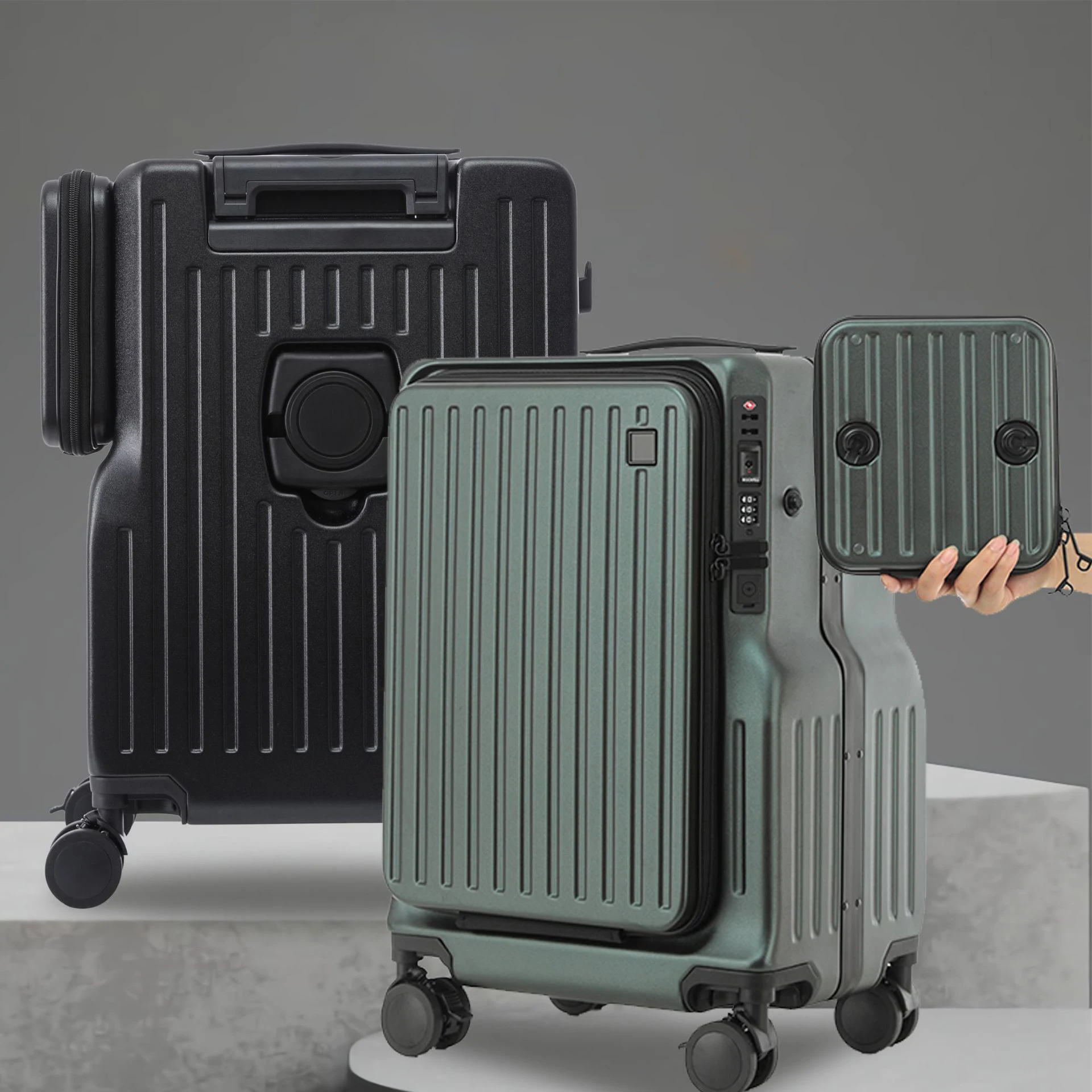 Nova capa frontal de bagagem aberta dupla 20 Polegada mala de viagem com suporte de copo usb multi-função trole mala maleta