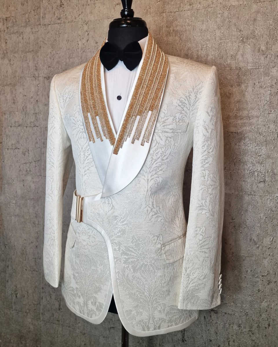 Tuxedos de mariage à la mode avec boucle en perles Jacquard pour hommes, costumes châle à revers, ensemble 1 pièce, veste, beaux blazers de marié personnalisés