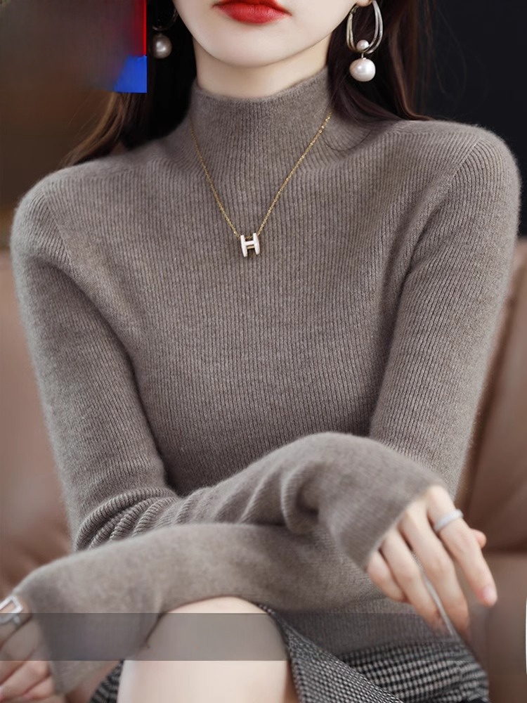 エレガントな肥厚ウールセーター女性のハーフハイカラー秋冬タイトフィットニットカシミヤベースシャツ通勤スタイル