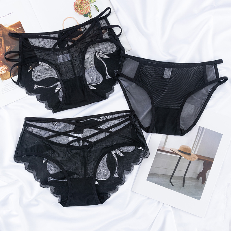 Ropa interior Sexy para mujer, lencería transparente de tentación, calzoncillos ahuecados para niña, calzoncillos de encaje de hilo de red