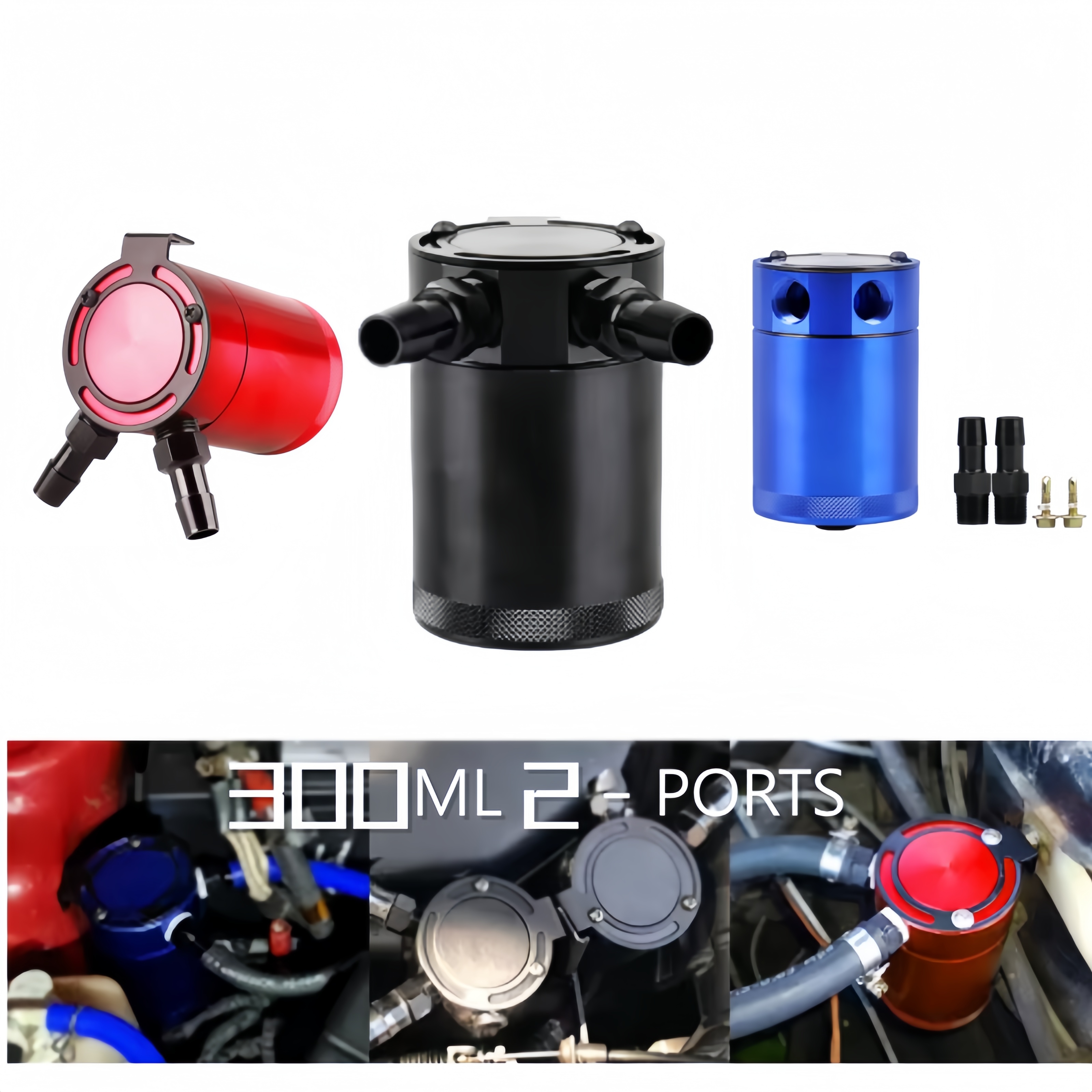 Coltura de óleo pode baffled alumínio 2 portas reservatório 300ml tanque respiro separador de óleo residual limpador do motor pote de recuperação de gás de escape