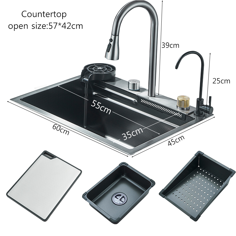 Évier de cuisine cascade en acier inoxydable 304, grand fente unique intégrée 60x45cm, ensemble de robinets, lave-tasse, tête de pulvérisation extractible à 3 voies