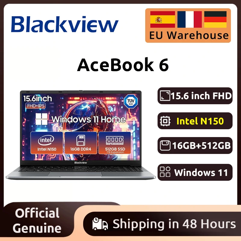 Blackview AceBook 6 laptop 15,6 '' FHD + IPS-scherm Intel Twin Lake N150 CPU 16 GB DDR4 512 GB SSD 36 Wh batterij Windows 11 notebook