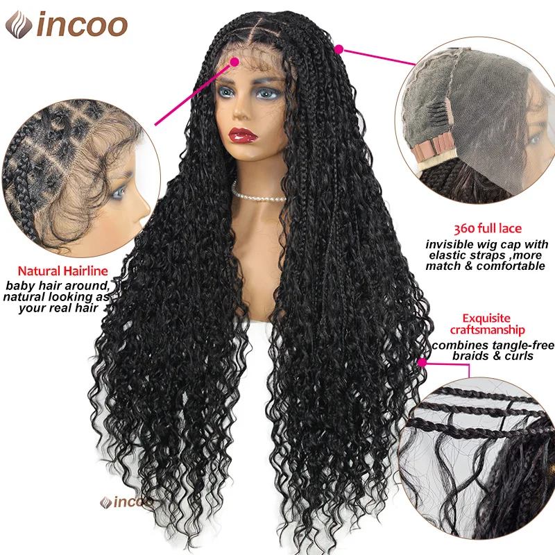 Boho กล่อง Braided Wigs ผมหยิกสังเคราะห์วิกผมลูกไม้ด้านหน้าด้านหน้าสําหรับผู้หญิงสีดําเทพธิดา Locs Braid วิกผม Bohemian กล่อง Braid วิกผม