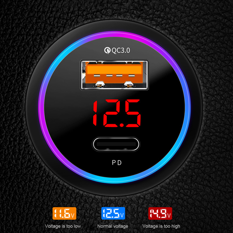 SEAMETAL Autolader PD + USB QC3.0 38W Snel opladen Telefoonoplader 12-24V Sigarettenaanstekeradapter met Led Voltmeter Display