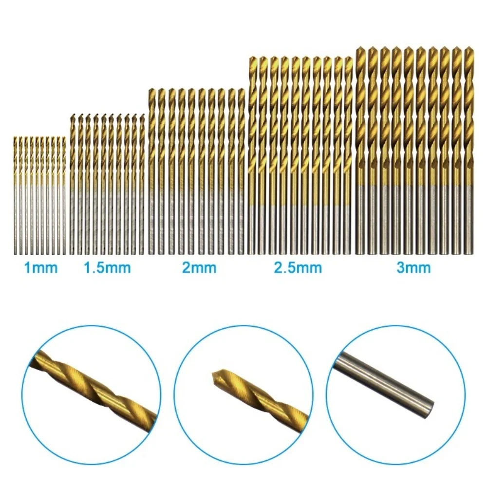 50Pcs 1-3mm Twist Drill Bit Set High Steel Titanium Coated Drill Bits Set Tool For Woodworking Stainless Steels Drilling Tools
