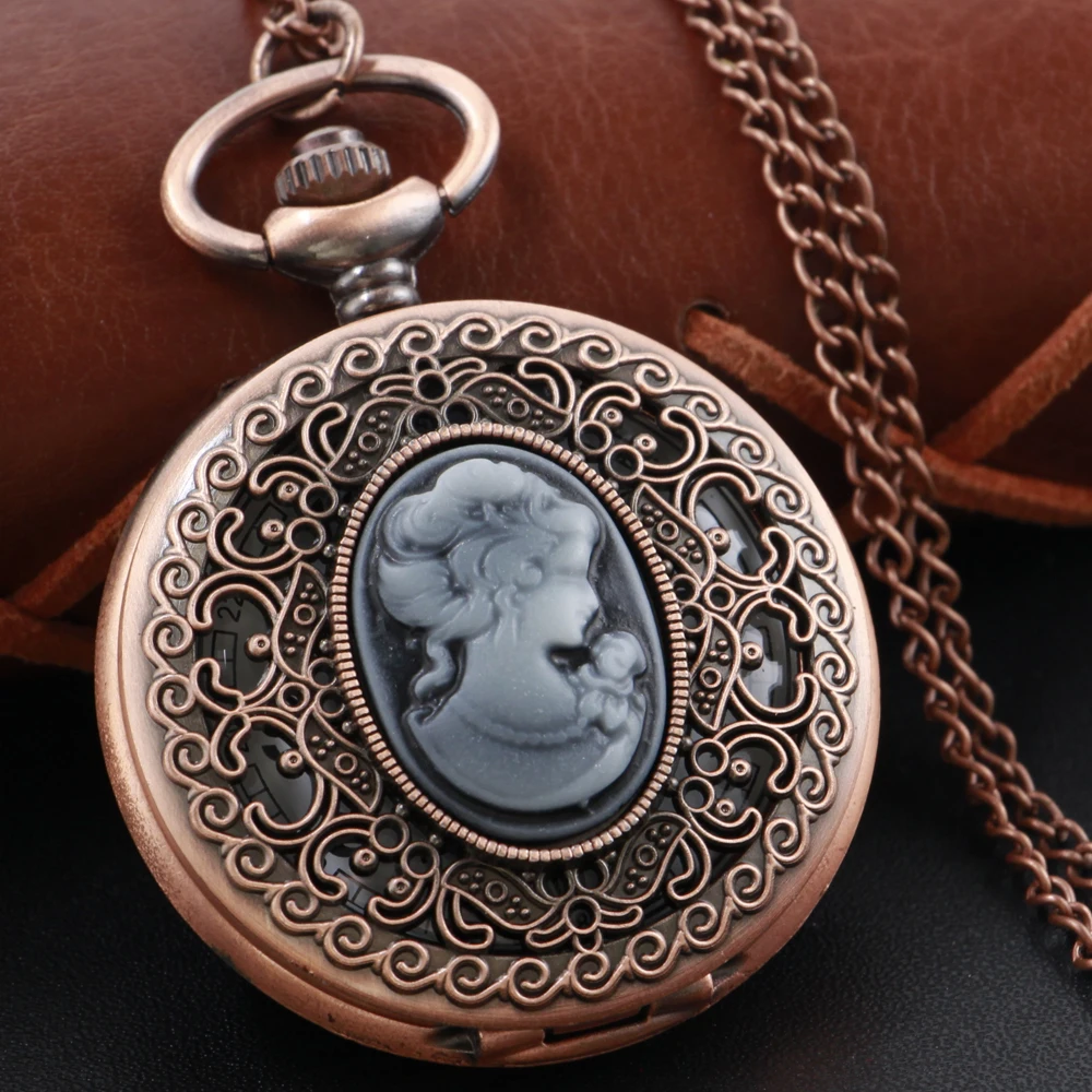Reloj de bolsillo de cuarzo con relieve de cabeza de diosa clásica, collar con colgante antiguo rojo, cadena, reloj Fob Universal para niños y niñas