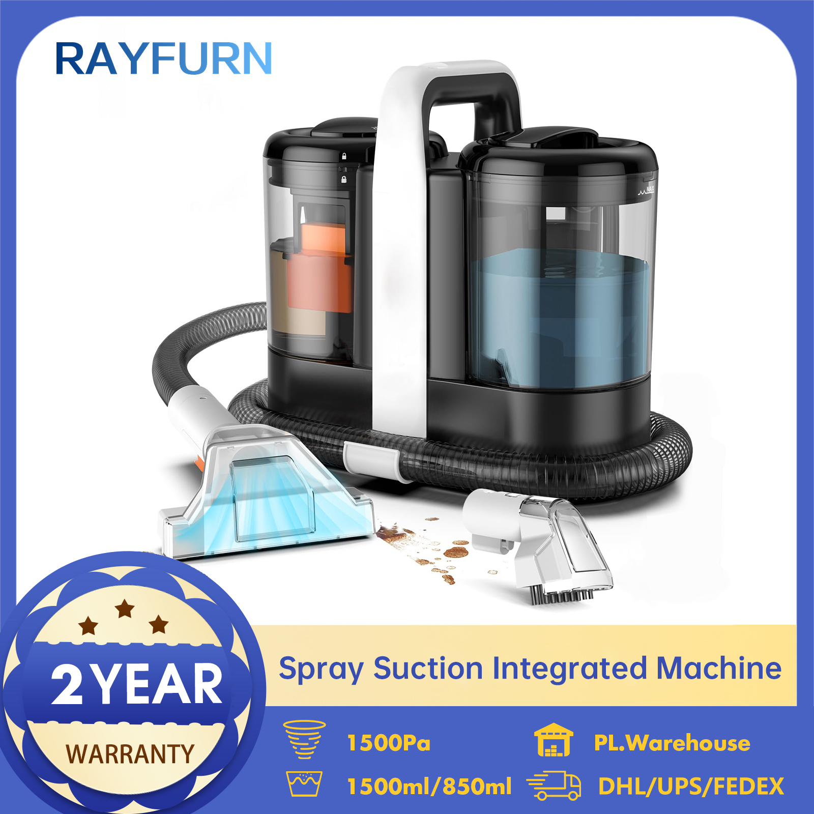 Limpiador de manchas RAYFURN 600/450W 15/11KPa, limpiador de alfombras de mano para cortinas de sofá, máquina de limpieza integrada con succión en aerosol