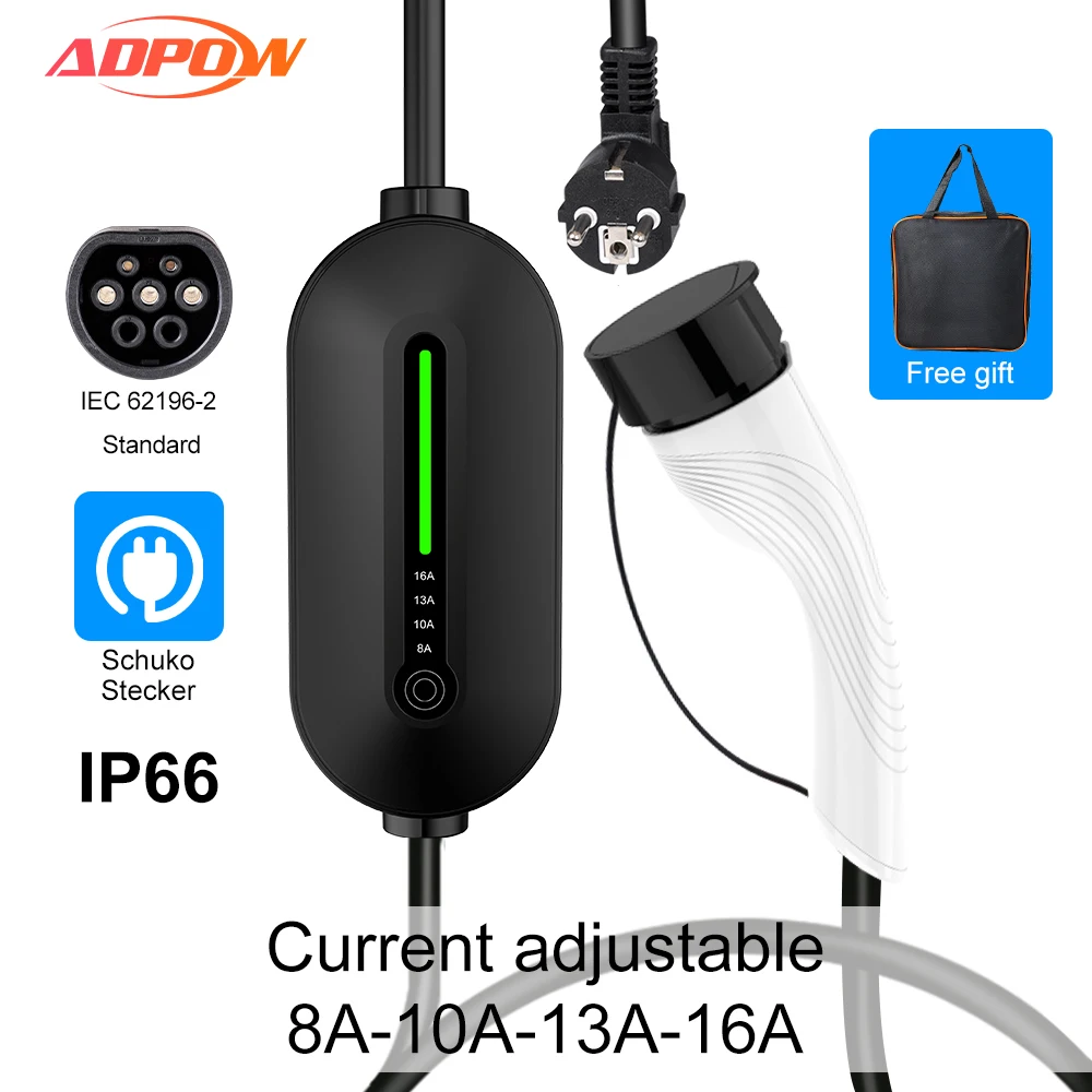 ADPOW Portable EV Charger Type2 IEC62196-2 16A EVSE Charging Cable Type1 SAE J1772 EU Plug Controller Wallbox for Electric Car