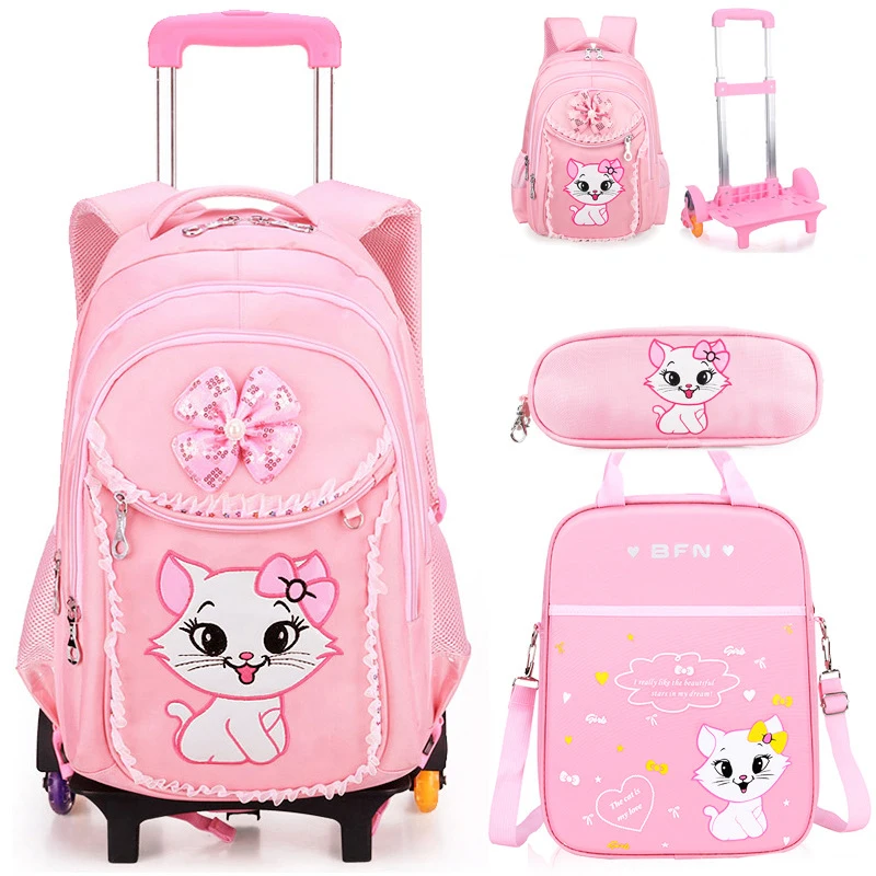 Zaino da scuola per bambini per ragazze Zaino per studenti delle scuole con gatti carini Zaino per bambini Zaino con ruote Borse da scuola trolley su ruote