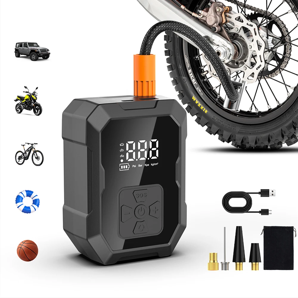 Gonfiatore portatile elettrico per gonfiaggio pneumatici ricaricabile YIJU per pompa di gonfiaggio per palloni da calcio con compressore d'aria per biciclette per auto moto
