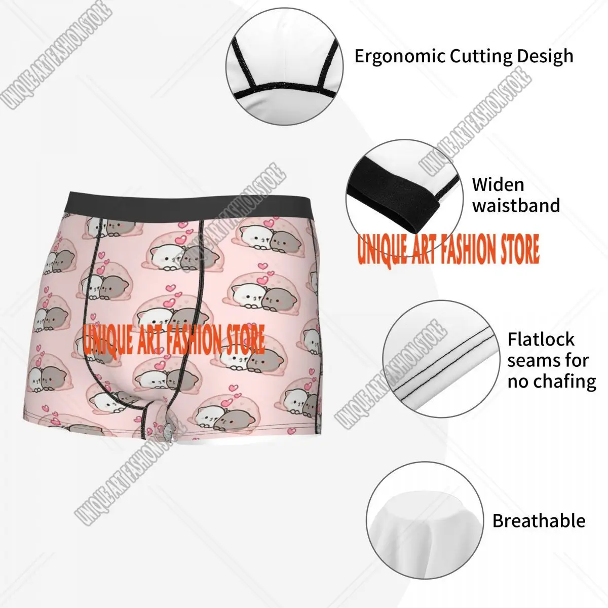 Celana dalam pendek Mochi, celana dalam Boxer, celana dalam motif kucing persik lucu untuk pria