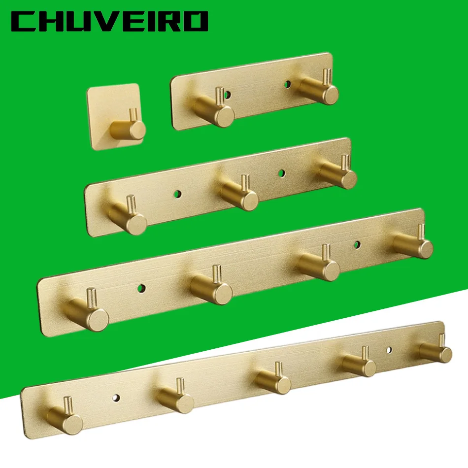 Gancho de baño dorado mate, adhesivo de aluminio, lavabo creativo montado en la pared, 2 3 4 5 ganchos para batas, ropa, abrigo, toalla, soporte para puerta