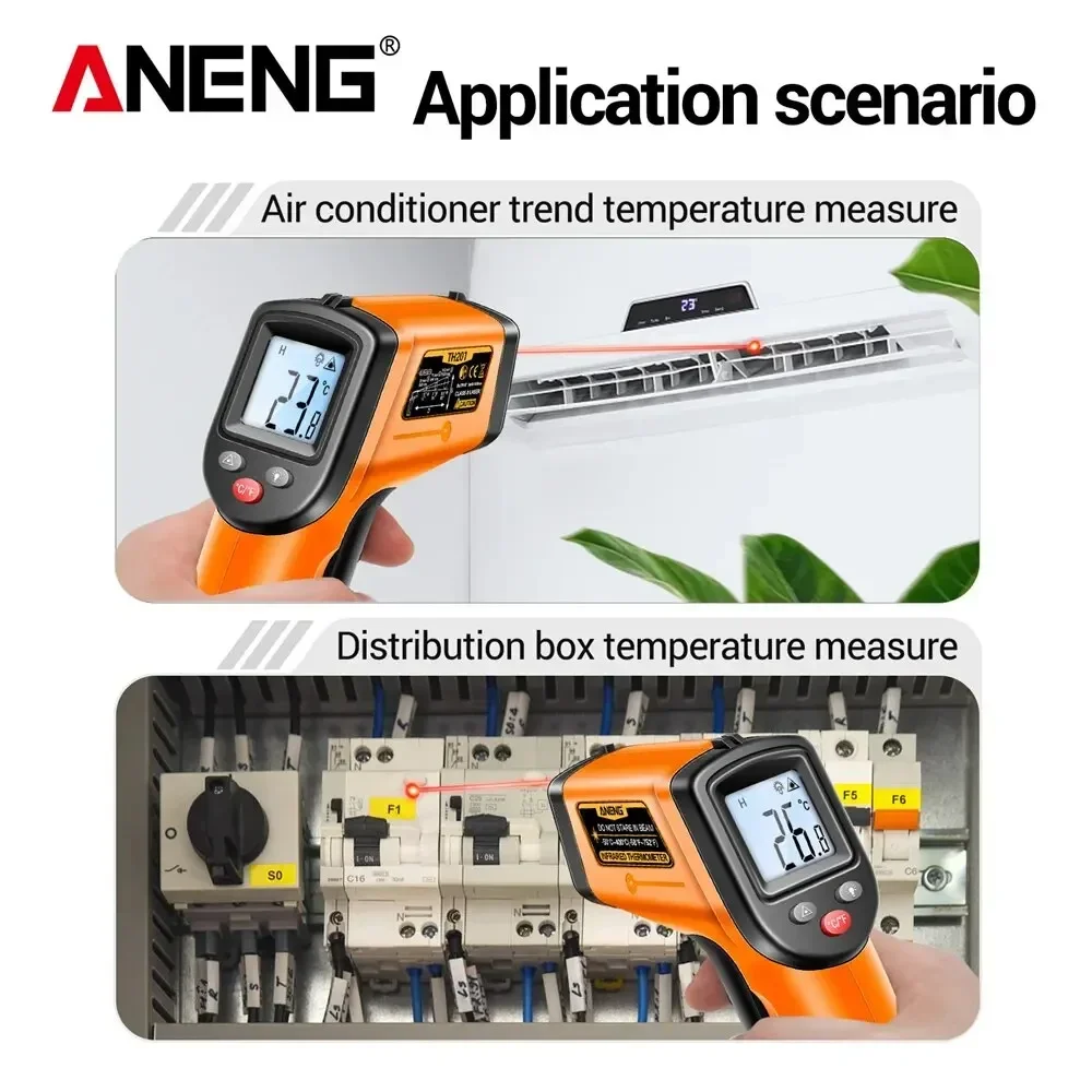 ANENG TH201 เครื่องวัดอุณหภูมิดิจิตอลมือถือเครื่องวัดอุณหภูมิเลเซอร์แบบไม่สัมผัสปืนเครื่องวัดอุณหภูมิเครื่องมือ Pyrometer