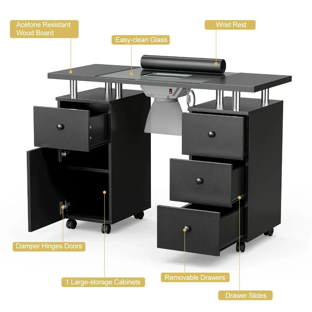 Nail Desk for Technician Manicure Table, Nail Table w/Electric Dust Collector & Wrist Rest Cushion, Acetone Resistant Nail Table