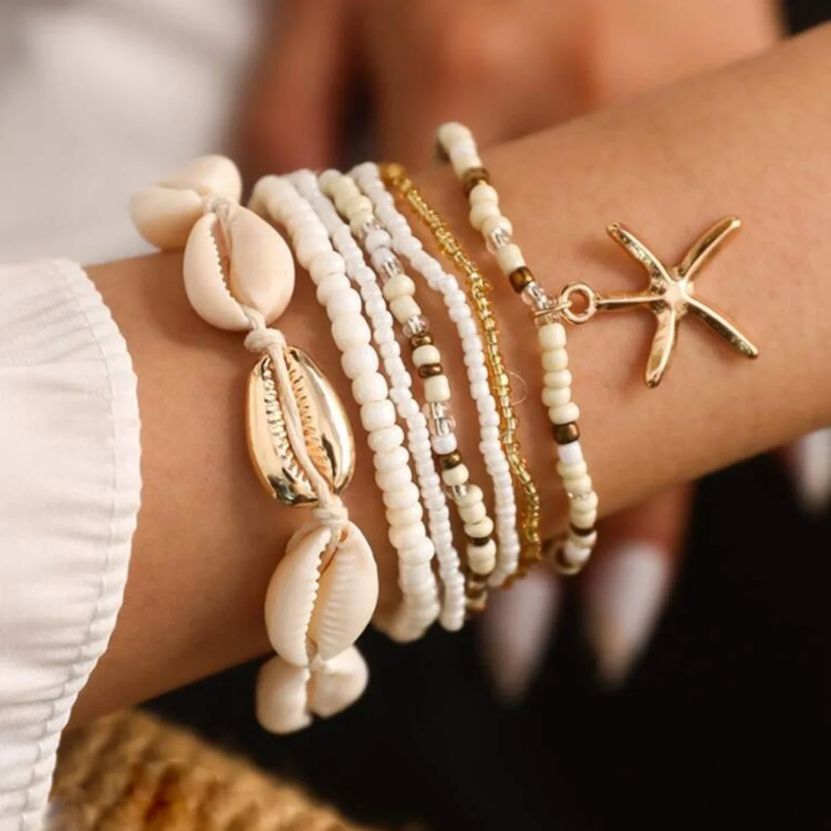 7pcs/set Bohemian Holiday Wind Shell Beaded Woven Bracelet Starfish Rice Beads Women's Bracelet Set Beach Party Seaside Holiday