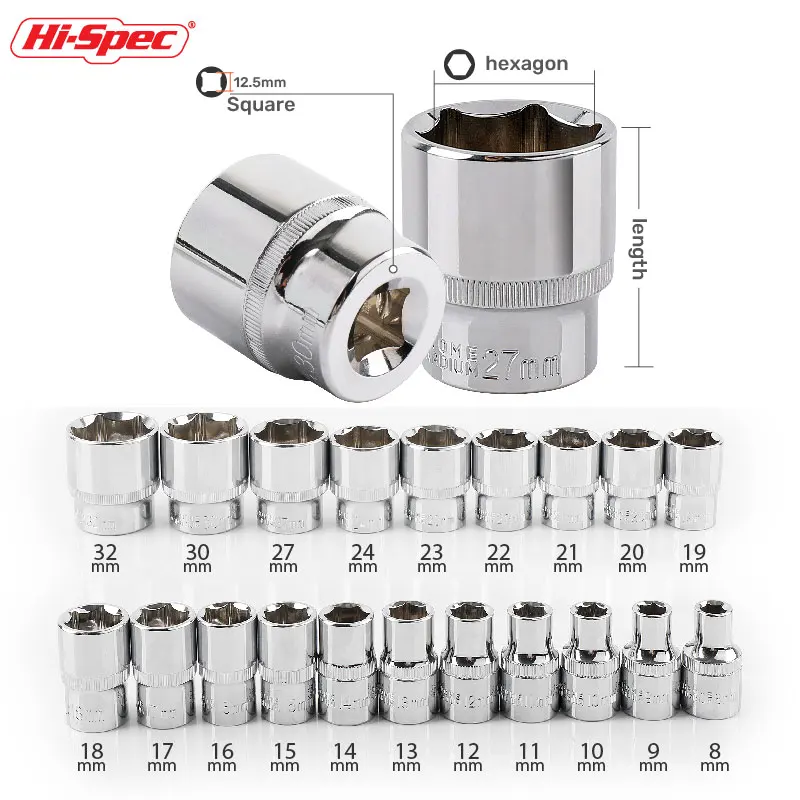 Hi-Spec 8-36mm 1/2" Drive Deep Impact Socket Set CR-V Steel Ratchet Wrench Socket Hex Sockets Nut Removal Hand Tools Sockets Set