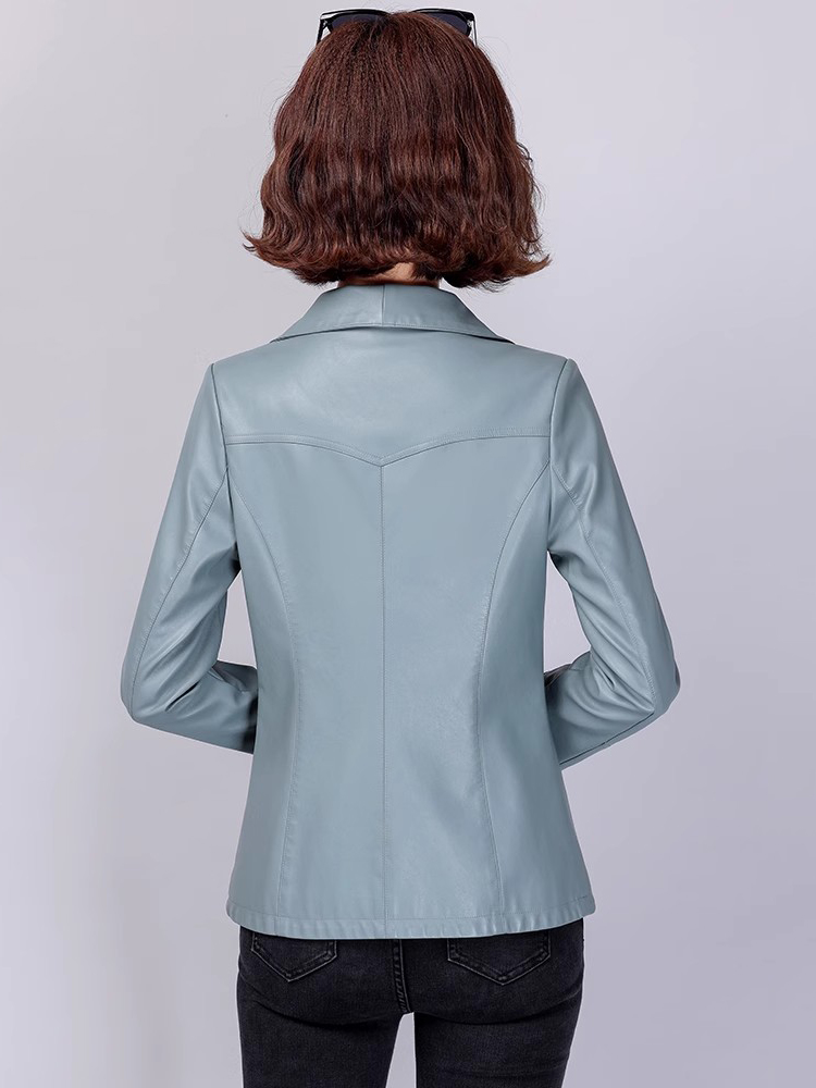 New Women Leather Jacket Spring Autumn Fashion Elegant Turn-down Collar Office Lady Slim Blazer Split Leather Short Coat