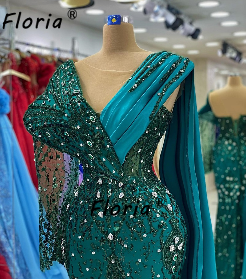 Vestido de noiva sereia com capa, Long Dubai, verde escuro, pedras de cristal impressionantes, vestidos de noite