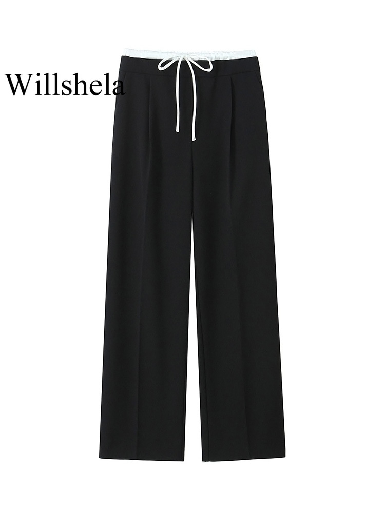 Willshela damesmode effen vetersluiting aan de zijkant rechte broek vintage hoge elastische taille vrouwelijke chique damesbroek