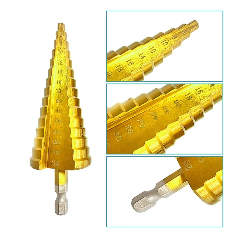 1PC Titanium Plated Hexagonal Straight Groove Step Drill 4-32mm Reaming Pagoda Drill Bit Hole Opening Step Drill Tool