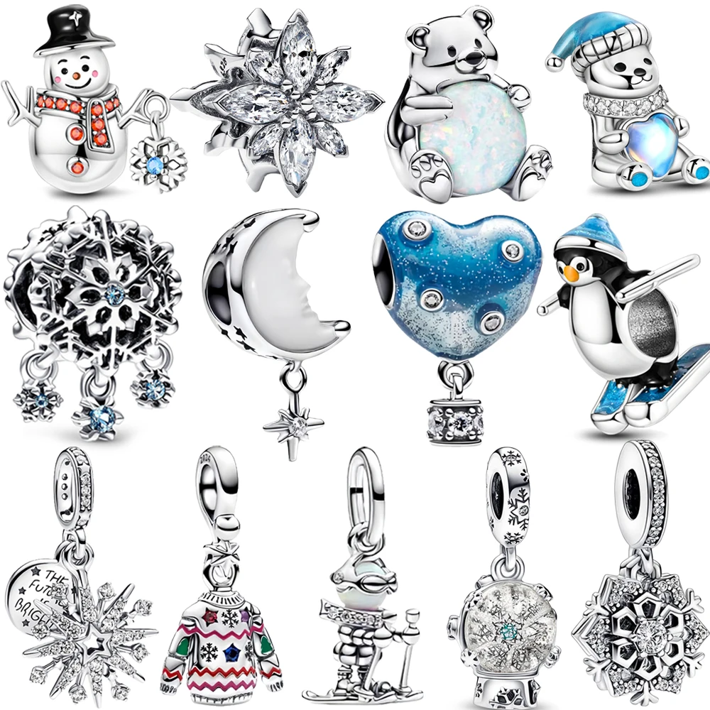 ฤดูหนาว 925 เงินสเตอร์ลิงเล่นสกี Penguin Charm Fit สร้อยข้อมือเดิมสร้อยคอเรขาคณิตเกล็ดหิมะลูกปัดเครื่องประดับ DIY Charm