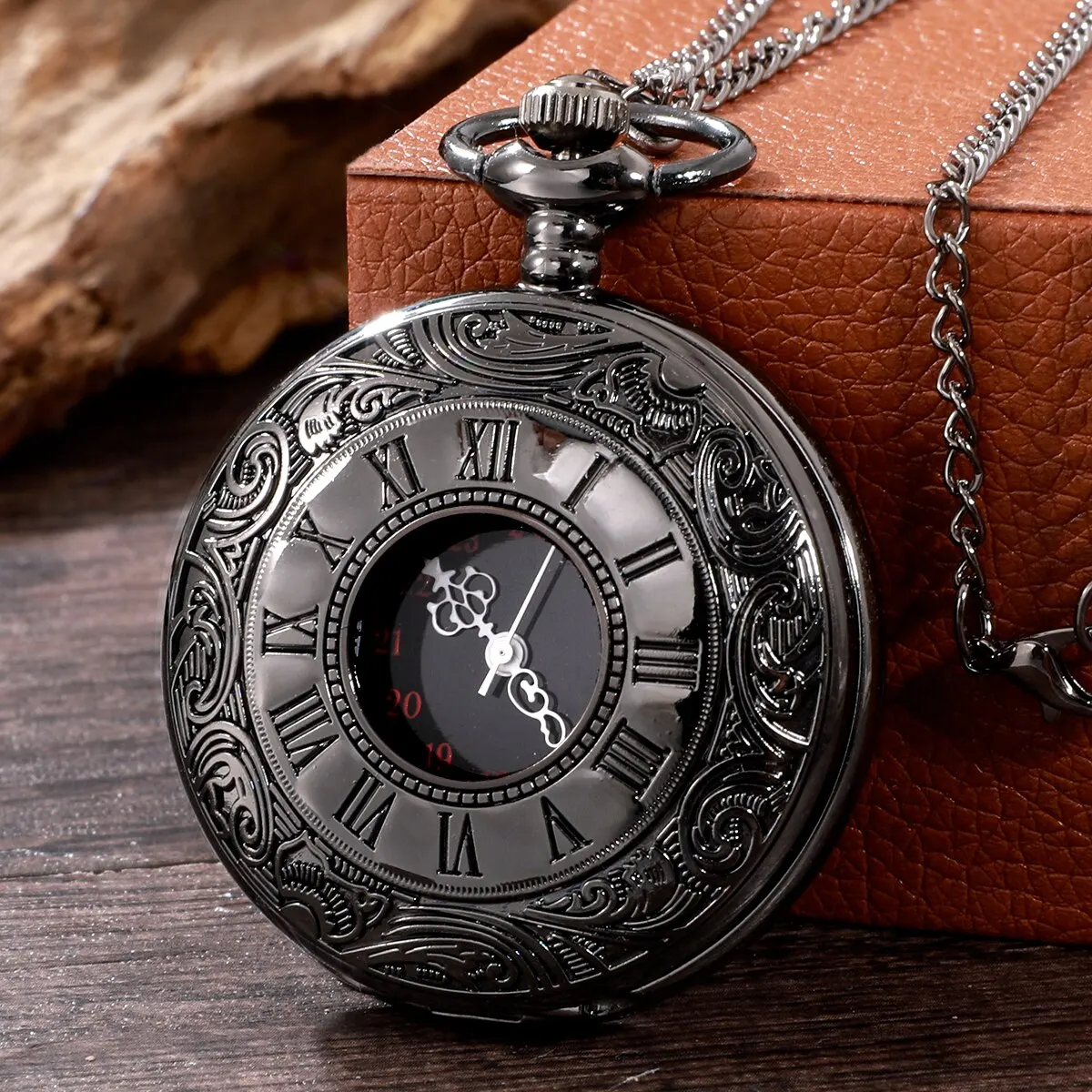 Relógio de bolso Steampunk com corrente para homens e mulheres, colar com pingente, charme vintage, preto, número romano, quartzo, moda unissex, presente