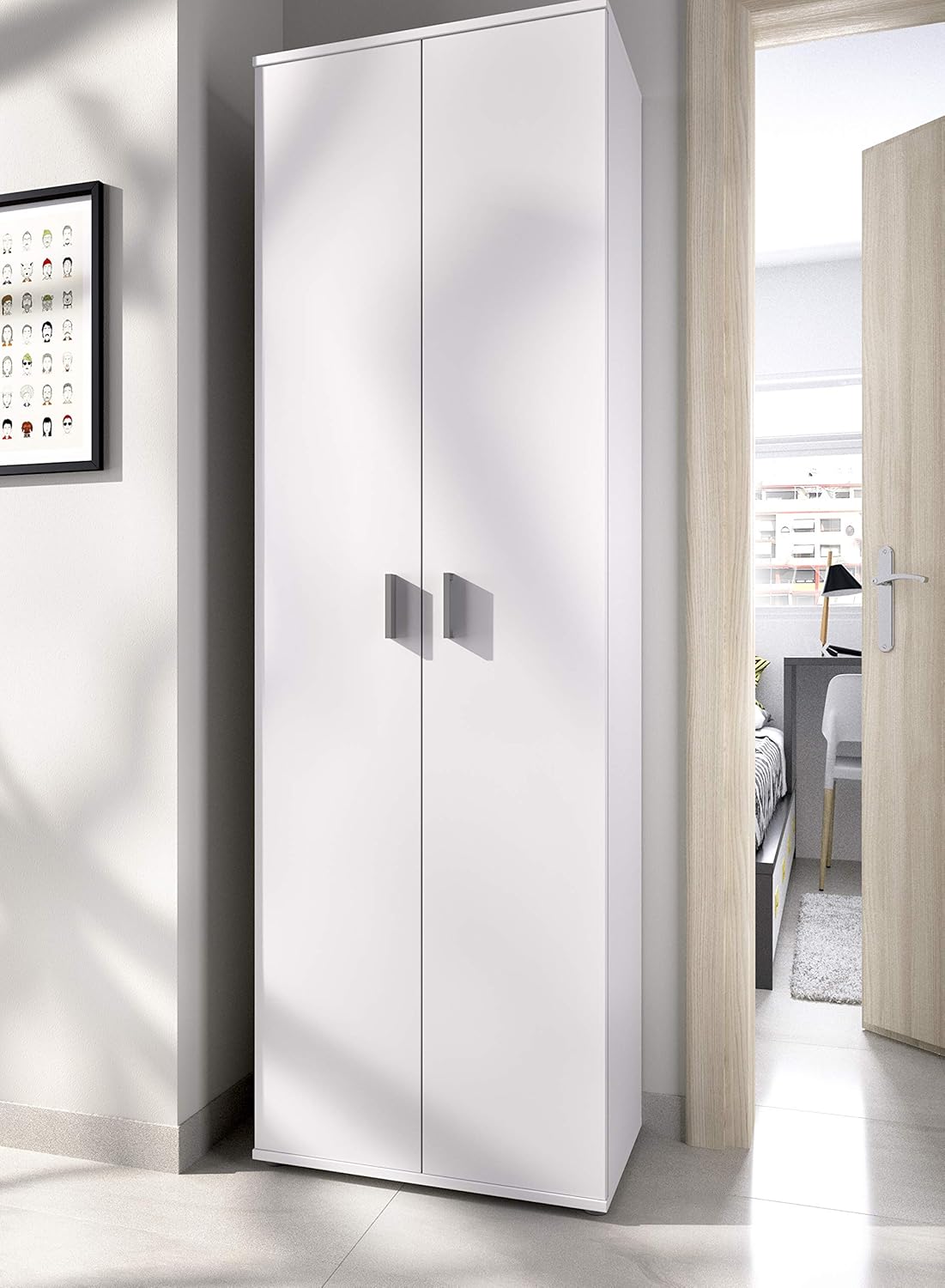 Armario Multiusos 6 estantes, Madera de ingeniería, Blanco, 61x190x35cm