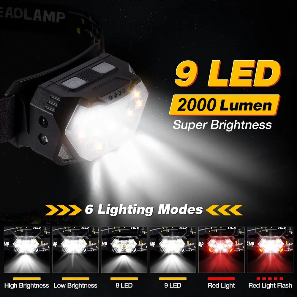 9 led forte luz farol usb recarregável sensor de movimento farol portátil pesca acampamento ao ar livre lâmpada cabeça trabalho lanterna