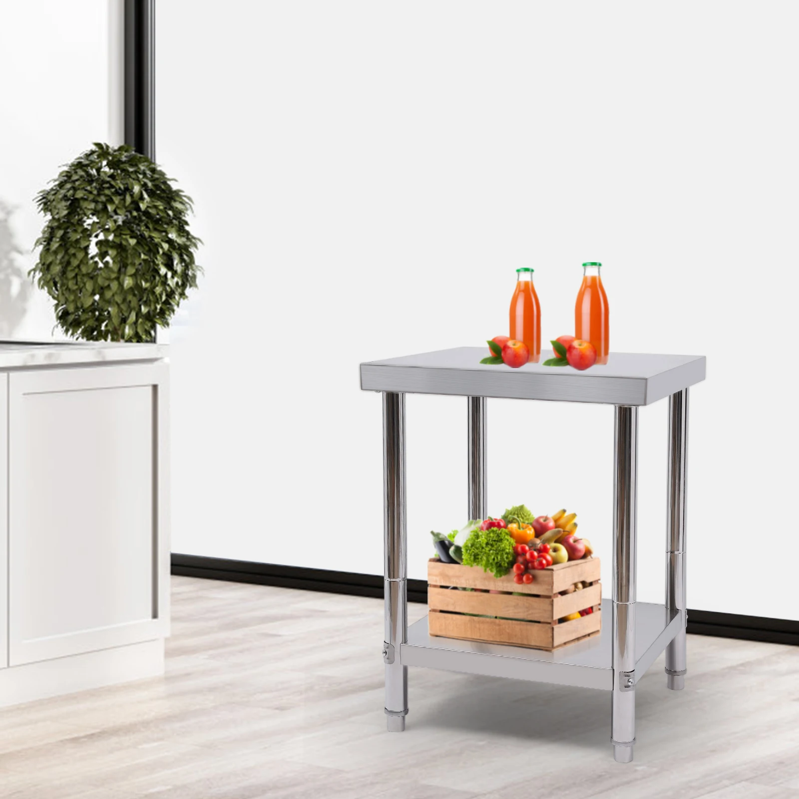 Tavolo da lavoro da cucina in acciaio inossidabile dal design aperto, ristorazione, preparazione del cibo, tavolo per la preparazione del cibo a 2 strati 400 kg/881 libbre (60x60x80 cm)