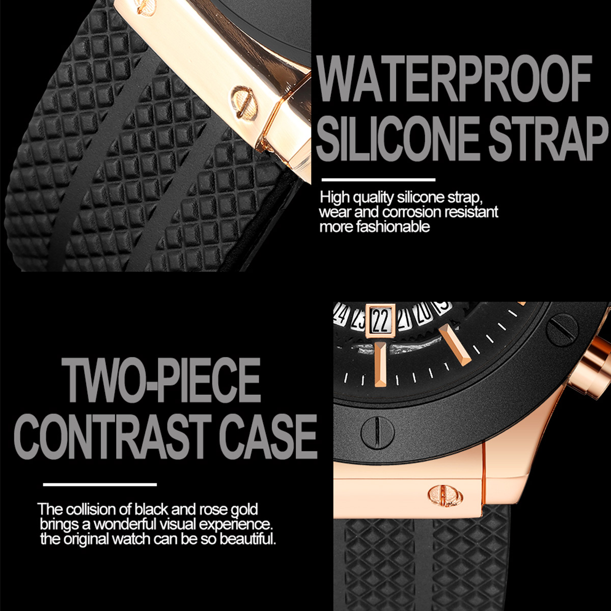 Czarny silikonowy męski ręcznie 46 mm wydrążony duży zegarek w kolorze różowego złota Modny styl wojskowy Oryginalny zegarek sportowy z mechanizmem kwarcowym