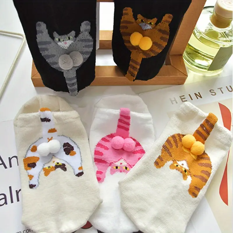 1/5Pairs Autumn Winter Cartoon Cat Cozy Pile Socks Cute Knitted Crew Sock Soft Kawaii Women Casual Ankle Sock Stylish All Season