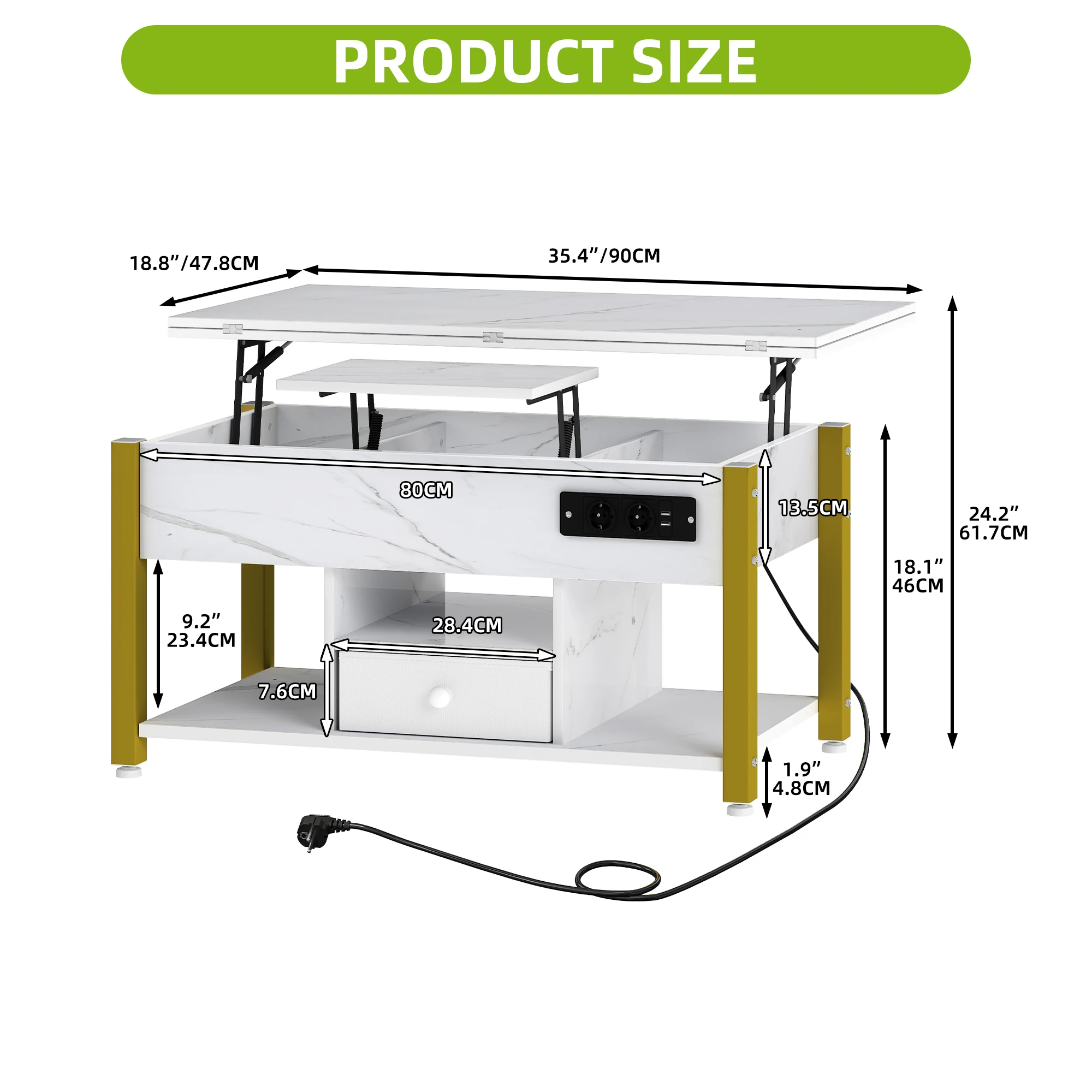 YITAHOME Table basse 4 en 1 en marbre blanc – Hauteur réglable, convertit en table à manger avec rangement et éclairage LED