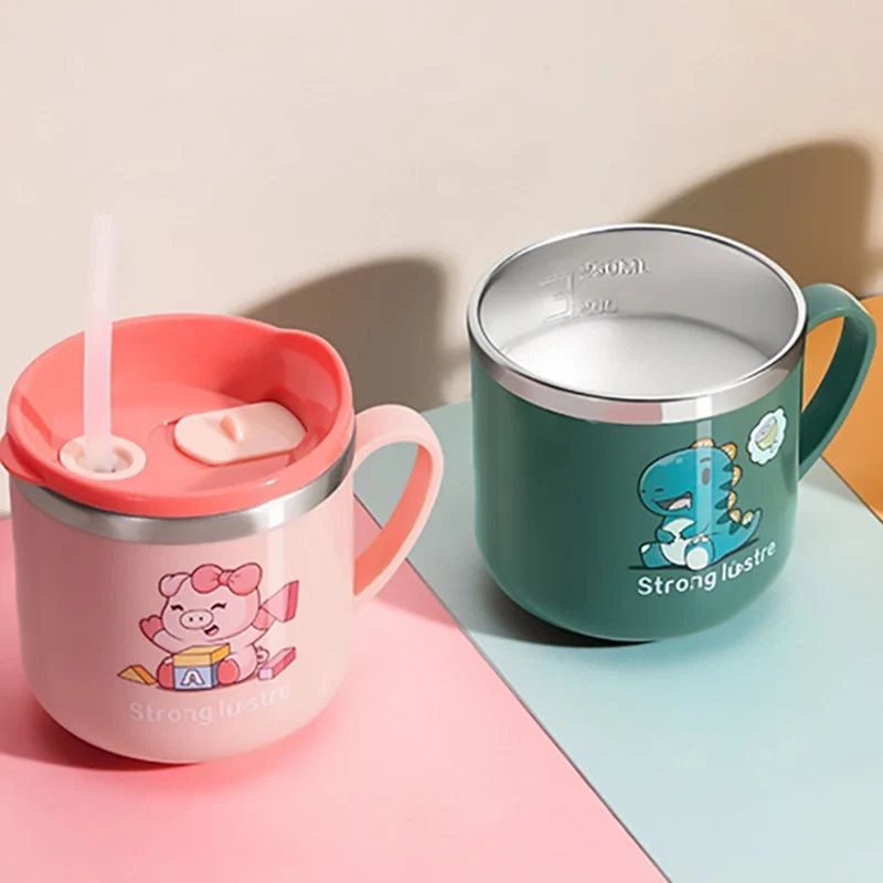 250ml Kinder trinken Fütterung stroh Baby Tasse mit Deckel & Stroh und Anti-Drop 8,5 Edelstahl Milch becher Cartoon Einhand griff