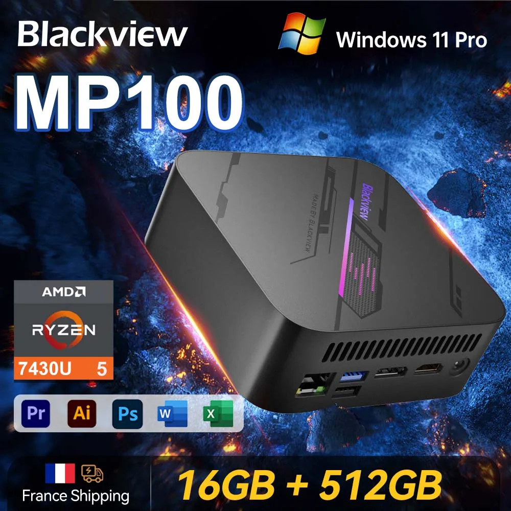 Blackview MP100 mini-pc AMD Ryzen 5 7430U 16 GB / 32 GB RAM 512 GB / 1 TB SSD, minicomputer met WiFi 6 / BT 5.2 / 4K drievoudig display