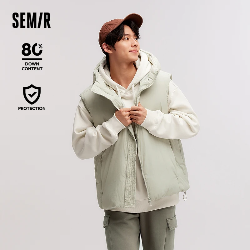 Semir para baixo colete masculino três resistente solto com capuz outerwear 2024 novo inverno empilhamento cor sólida versátil sem mangas topo