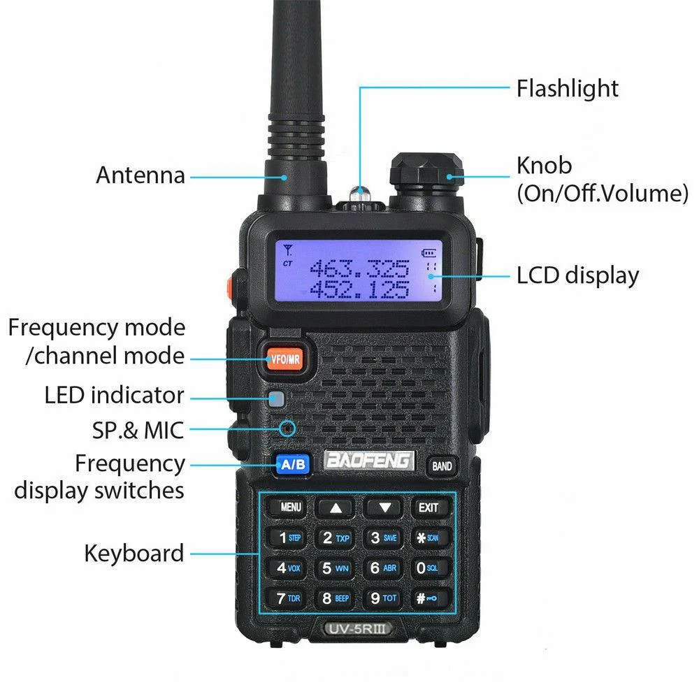 BAOFENG UV-5R III 1800mAh Tri-Band VHF/UHF Walkie Talkie portatile CB Stazione radio bidirezionale impermeabile Ricetrasmettitore HF Due antenne