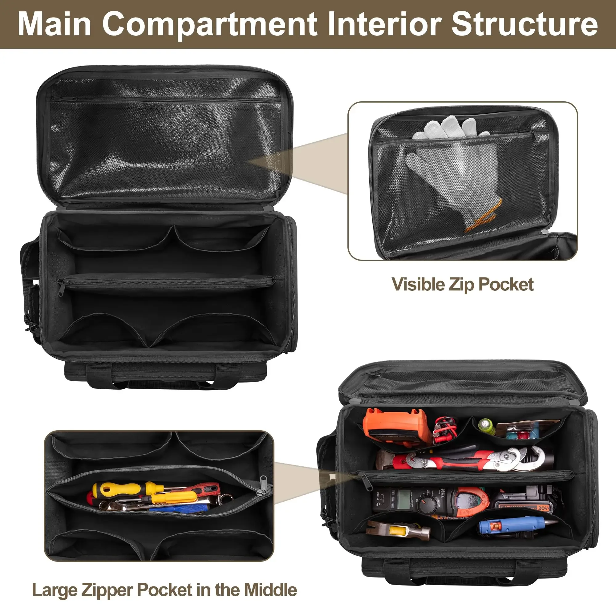 14" Heavy Duty Tactical Tool Bag Non-slip Base Multipurpose Organizer for Handymen Carpenters Durable Portable Tool Storage