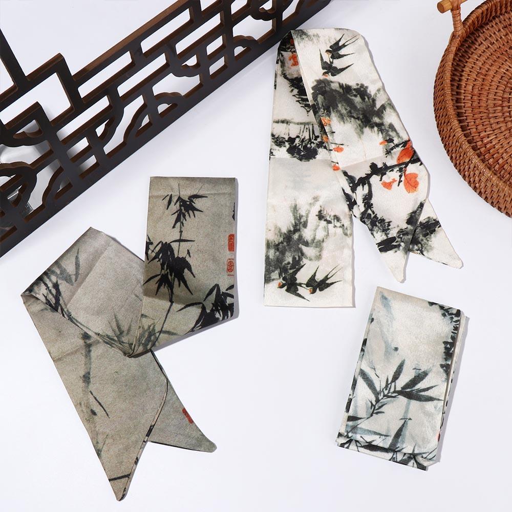 Retro Long Ink Painting Silk Scarf Ribbon Minimalist Style Ancient Hair Band Headband Ancient Style Ribbon Headband Girl