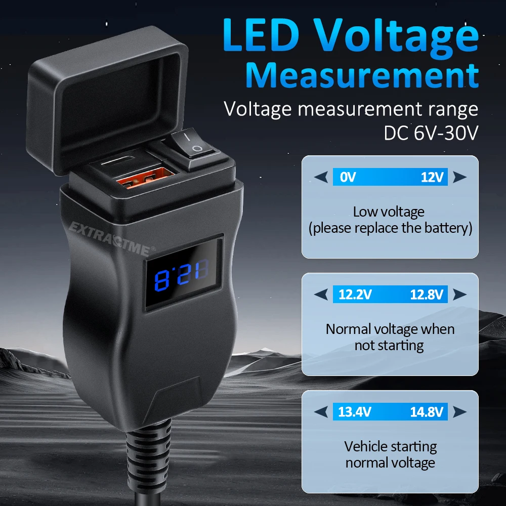Extractme オートバイ USB 高速携帯充電器防水タイプ C ポートソケットコネクタ携帯電話電圧計デジタル充電